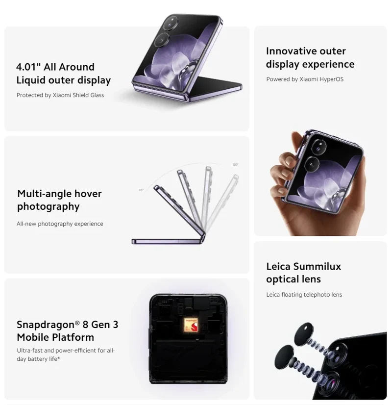 Global Version Xiaomi MIX Flip Leica 50MP Camera 4780mAh 67 W 12GB 512GB Snapdragon 8 Gen 3 Hyper Charger 6.86" 120Hz Display