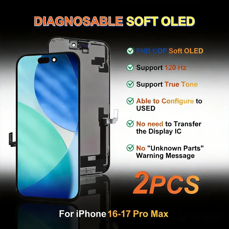 2PCS 120Hz High Refresh Rate Diagnostic Soft OLED LCD Display Screen for iPhone 16 PLUS PRO MAX 17 PRO MAX with Sensor Cable