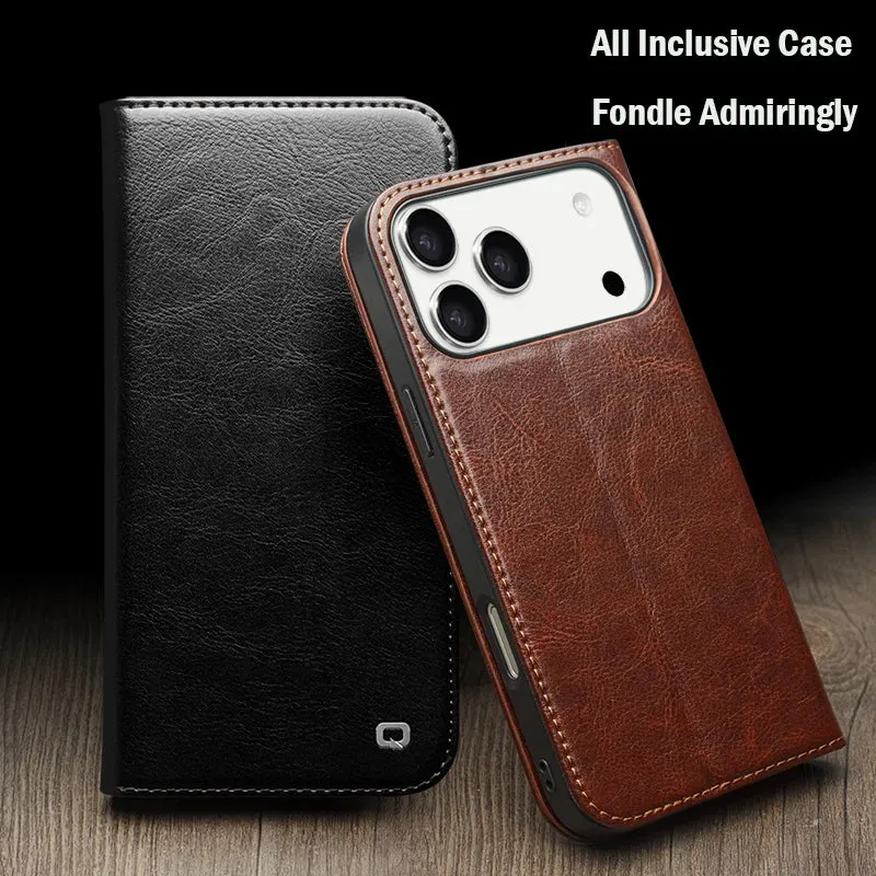 QIALINO Genuine Leather Flip Case for iPhone 17 Bracket Handmade Business Cover with Card Slots for iPhone 17 Pro Max/17 Air