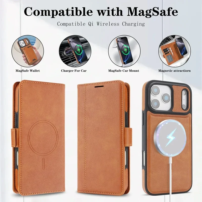 2 in 1 Magsafe Wallet Case For iPhone 17 Promax Air 16 Pro Max 15 Plus 14 13 12 iphone17 Cards Slot Leather Flip Phone Cover