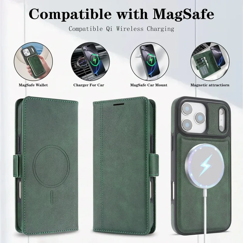 2 in 1 Magsafe Wallet Case For iPhone 17 Promax Air 16 Pro Max 15 Plus 14 13 12 iphone17 Cards Slot Leather Flip Phone Cover