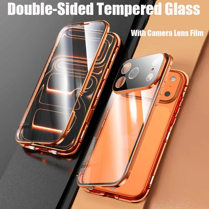 360 ° Full Protection Metal Magnetic Double-Sided Glass Snap Lock Phone Case For iPhone 17 Pro Max/17/Air/17 Pro Bumper Cover