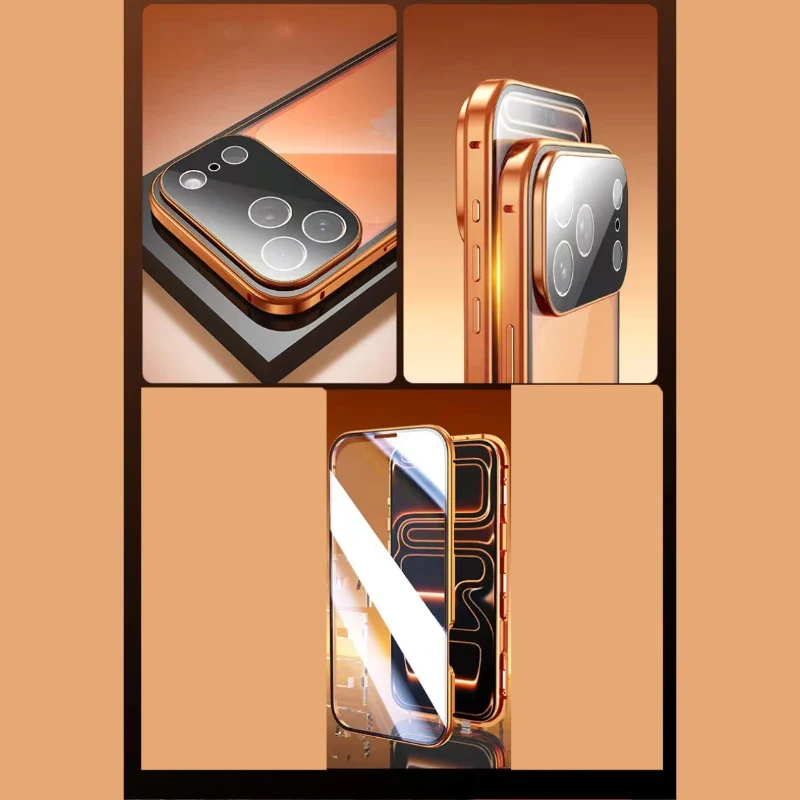 360 ° Full Protection Metal Magnetic Double-Sided Glass Snap Lock Phone Case For iPhone 17 Pro Max/17/Air/17 Pro Bumper Cover