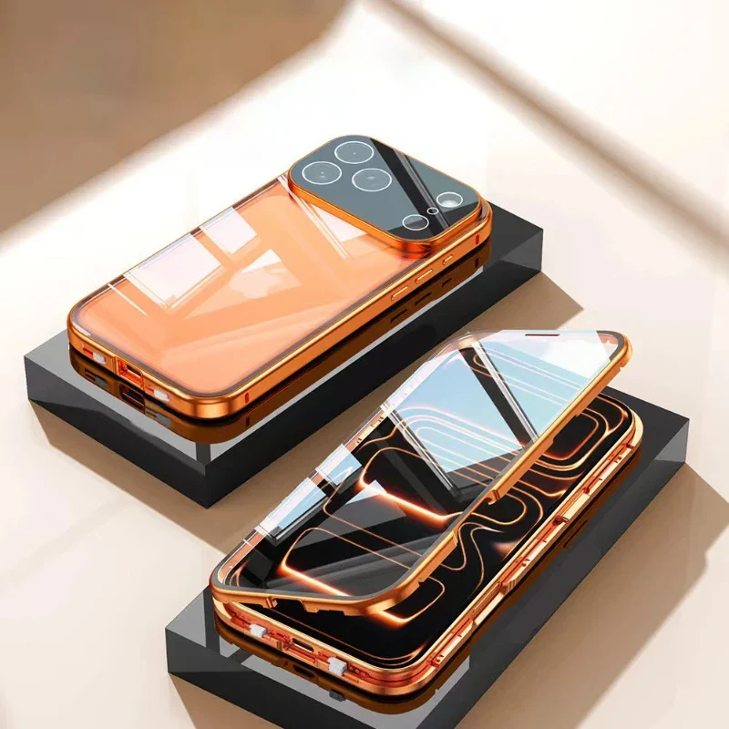 360 ° Full Protection Metal Magnetic Double-Sided Glass Snap Lock Phone Case For iPhone 17 Pro Max/17/Air/17 Pro Bumper Cover