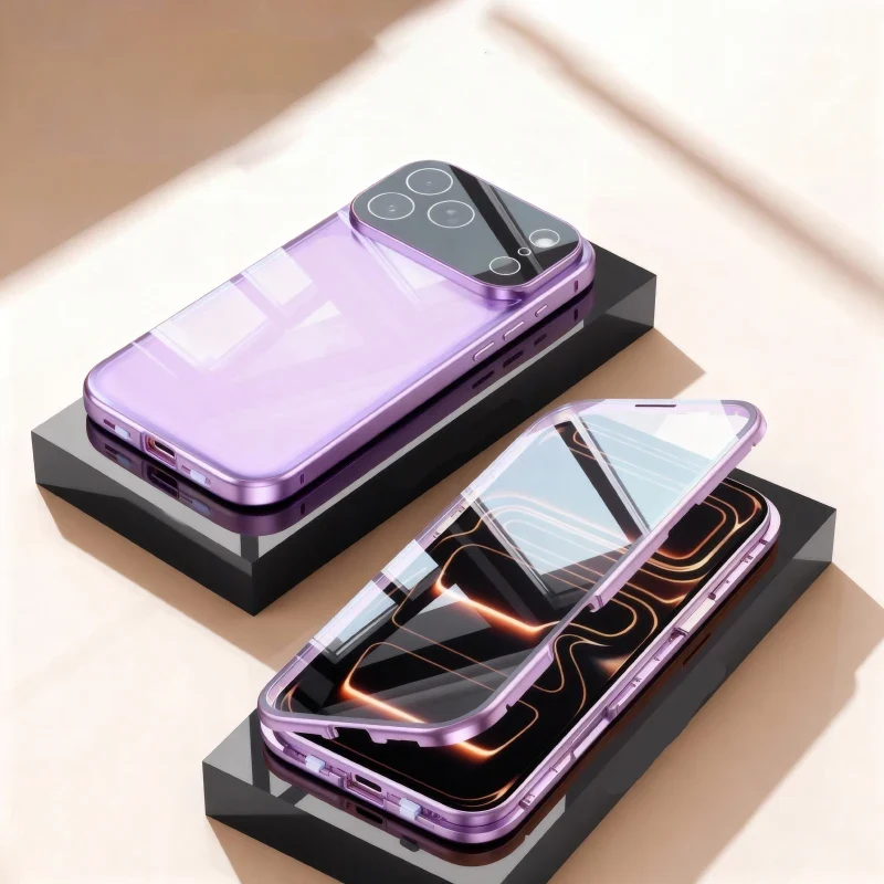 360 ° Full Protection Metal Magnetic Double-Sided Glass Snap Lock Phone Case For iPhone 17 Pro Max/17/Air/17 Pro Bumper Cover