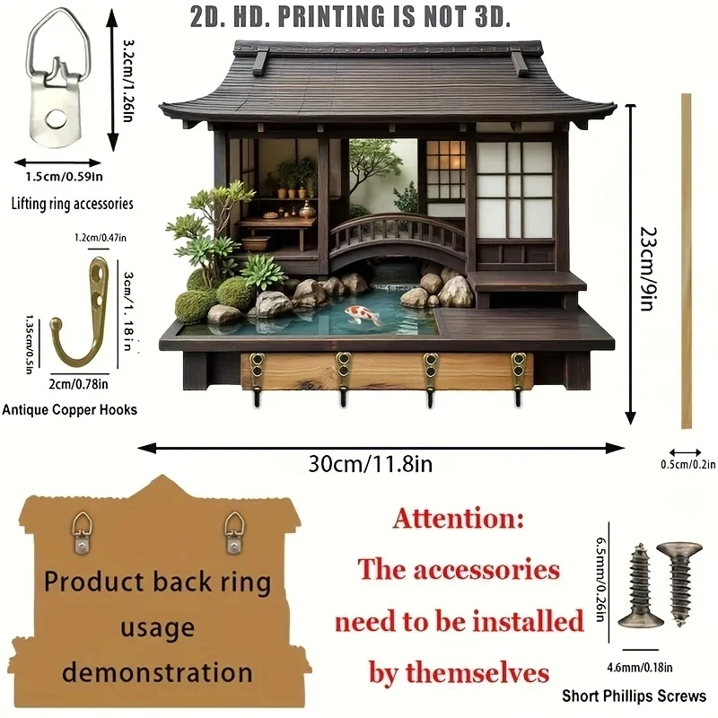2D Retro Japanese-Style Wooden Key Hook Multi-Functional Home Key Holder for Porch Wall Decoration And Kitchen Storage