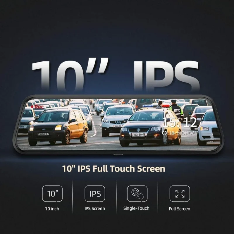 10 Inch 4K+1080P Drive Recorder Car Rearview Mirror Dash Cam Front and Rear with Dual Lens Wifi GPS Parking Monitor Night Vision