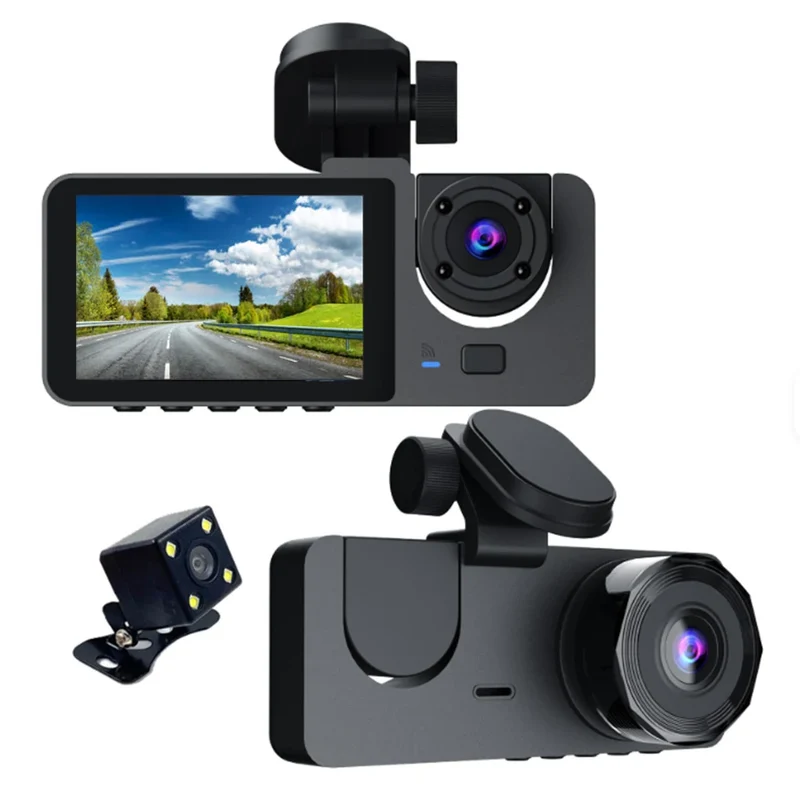 2-Inch IPS Screen Dashcam 1080P HD 140 Degree 3 Lens Loop Recording Waterproof Front Rear Car Recorder DVR