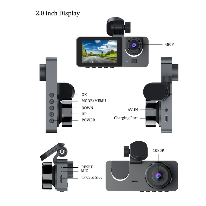 2-Inch IPS Screen Dashcam 1080P HD 140 Degree 3 Lens Loop Recording Waterproof Front Rear Car Recorder DVR