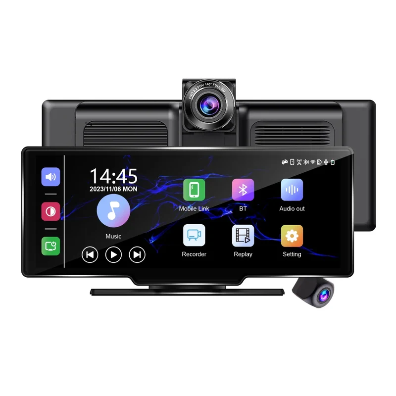 2.5K 10.26" Wireless Car Play Android Auto Portable Navigation Screen With Front Rear Dual Recorder DVR Car Camera