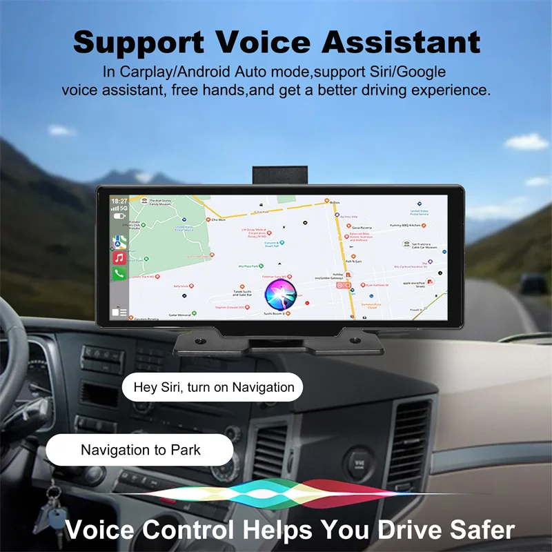 2.5K 10.26" Wireless Car Play Android Auto Portable Navigation Screen With Front Rear Dual Recorder DVR Car Camera