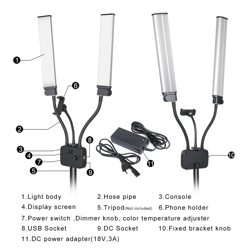 45W LED Video Light Double Arms Fill LED Light Selfie Light Long Strips LED Light for Photo Studio Live Broadcast Tiktok Stream