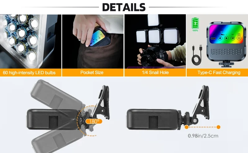 Portable LED Selfie Light for iPhone Samsung iPad Mobile Phone Laptop Clip Rechargeable Flash Fill Photo Video Photography Lamp