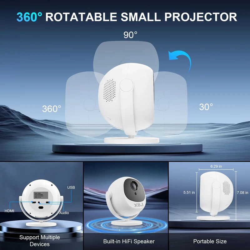XBJ Spherical Home Theater 4K Projector, Android WiFi 6 BT 5.0 Auto Keystone 360° Rotation Portable Video Projector for Outdoor