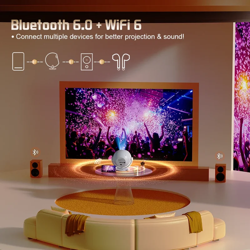 XBJ Spherical Home Theater 4K Projector, Android WiFi 6 BT 5.0 Auto Keystone 360° Rotation Portable Video Projector for Outdoor