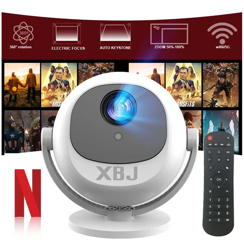 XBJ Spherical Home Theater 4K Projector, Android WiFi 6 BT 5.0 Auto Keystone 360° Rotation Portable Video Projector for Outdoor
