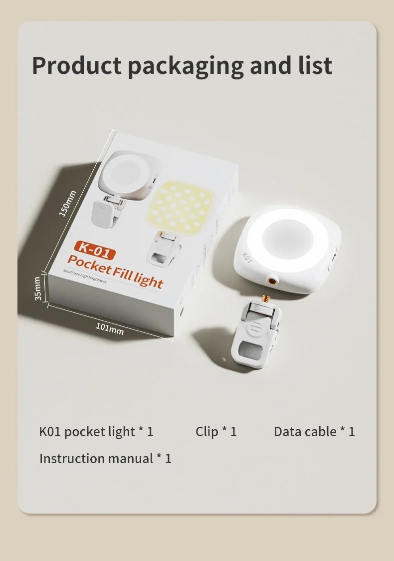 Phone Selfie Light 2700K-6500K Portbal Pocket Make UP Fill Light with Rechargable Battery Clip Rig Photo Lamp for Beauty Ring