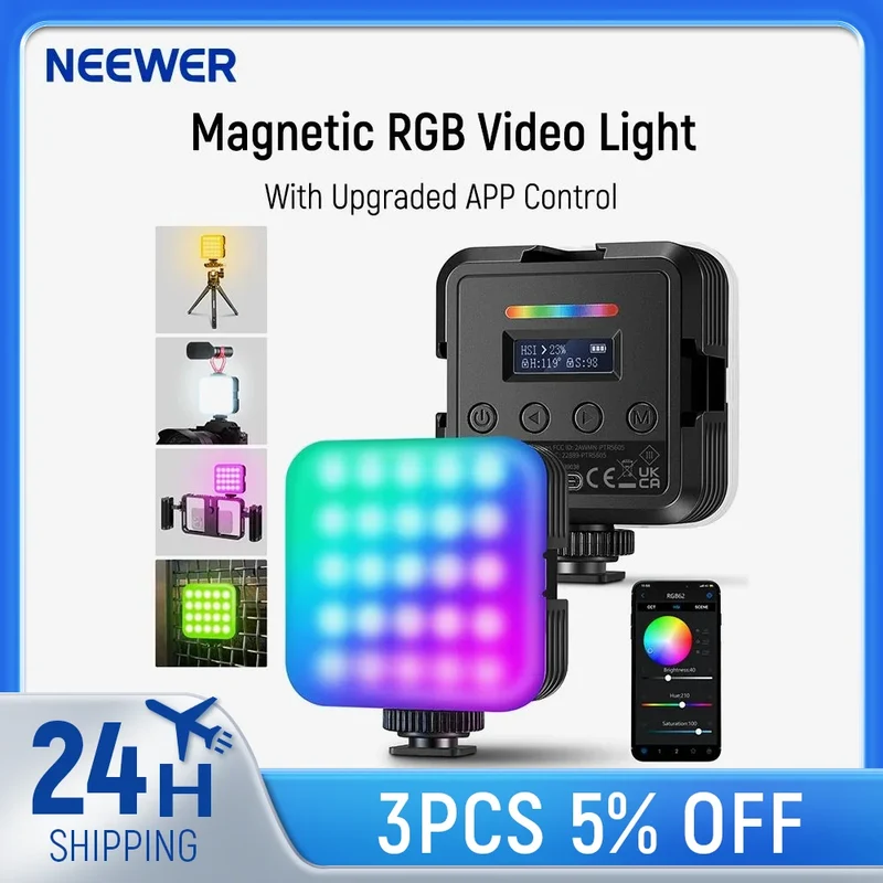 NEEWER RGB62 Magnetic RGB Video Light with APP Control 360° Full Color LED Camera Light with 3 Cold Shoes Photography Lighting