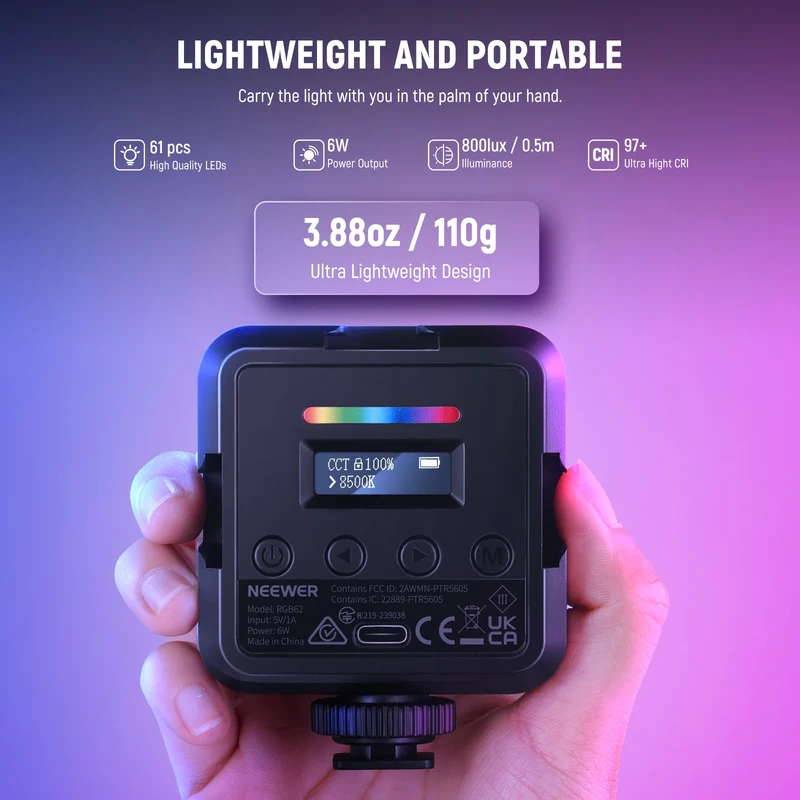 NEEWER RGB62 Magnetic RGB Video Light with APP Control 360° Full Color LED Camera Light with 3 Cold Shoes Photography Lighting