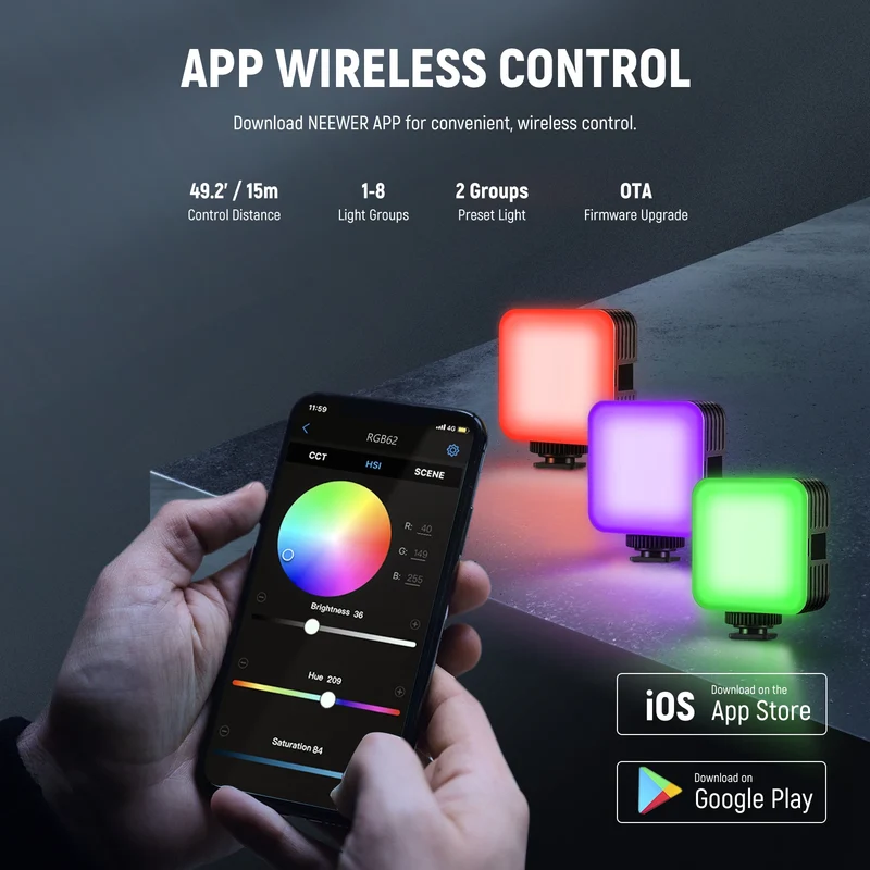 NEEWER RGB62 Magnetic RGB Video Light with APP Control 360° Full Color LED Camera Light with 3 Cold Shoes Photography Lighting