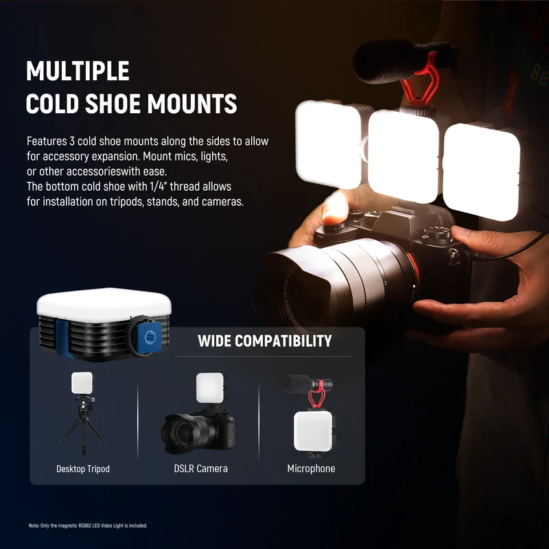 NEEWER RGB62 Magnetic RGB Video Light with APP Control 360° Full Color LED Camera Light with 3 Cold Shoes Photography Lighting