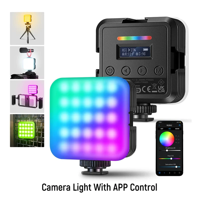 NEEWER RGB62 Magnetic RGB Video Light with APP Control 360° Full Color LED Camera Light with 3 Cold Shoes Photography Lighting