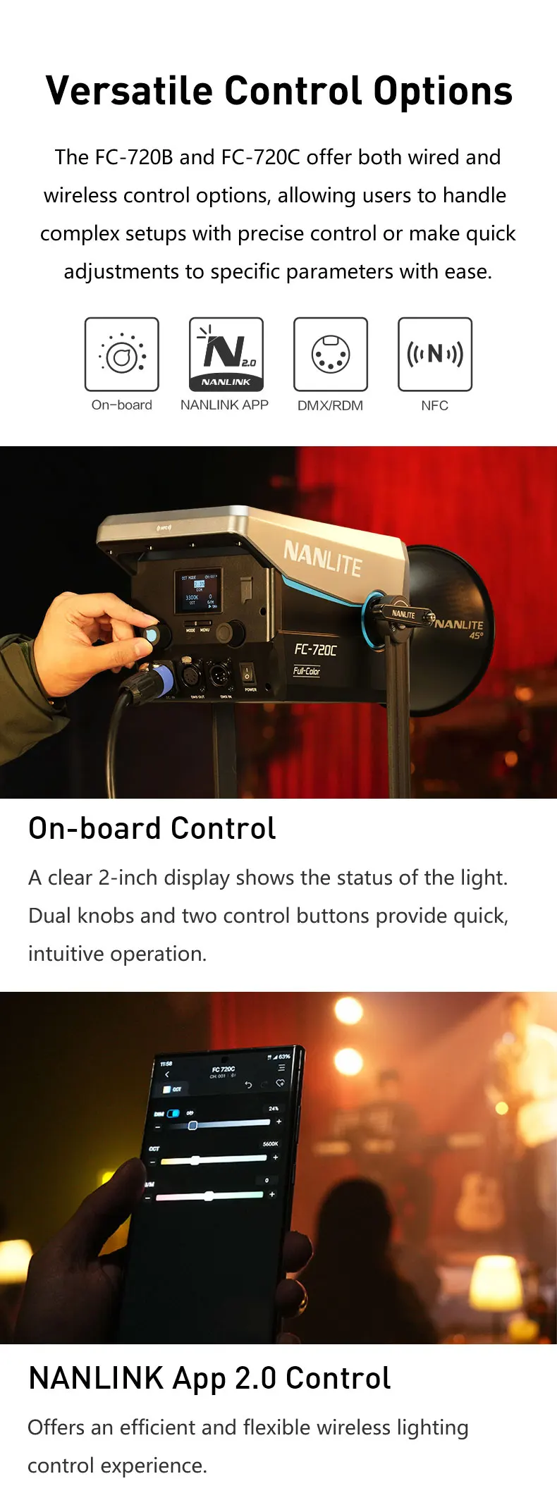 Nanlite FC-720B FC-720C Bowens Mount Video COB Fill Lighting Smart APP Control Bi-color / RGB 2 Version Available for Filmmaking