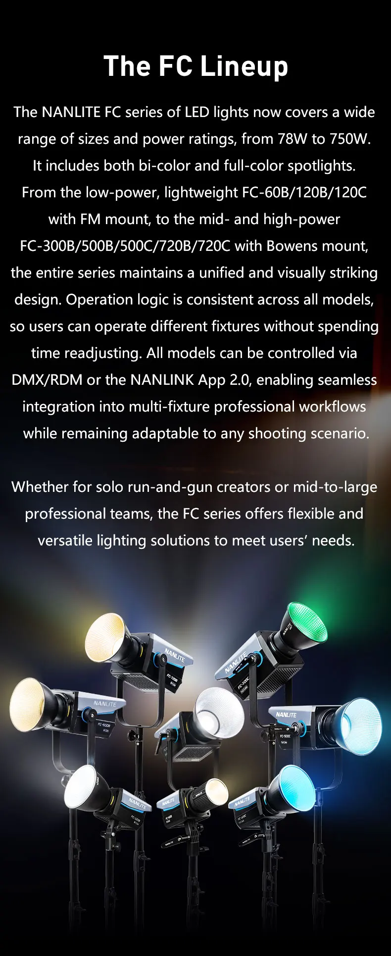 Nanlite FC-720B FC-720C Bowens Mount Video COB Fill Lighting Smart APP Control Bi-color / RGB 2 Version Available for Filmmaking