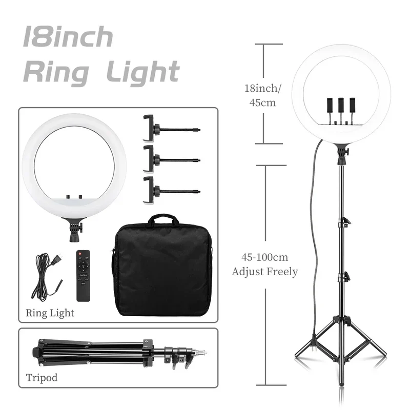 SH 18 Inch Knob Ring Light LED Selfie Video Lamp With Tripod Stand Phone Clip For YouTube Live Lighting Photo Photography Studio