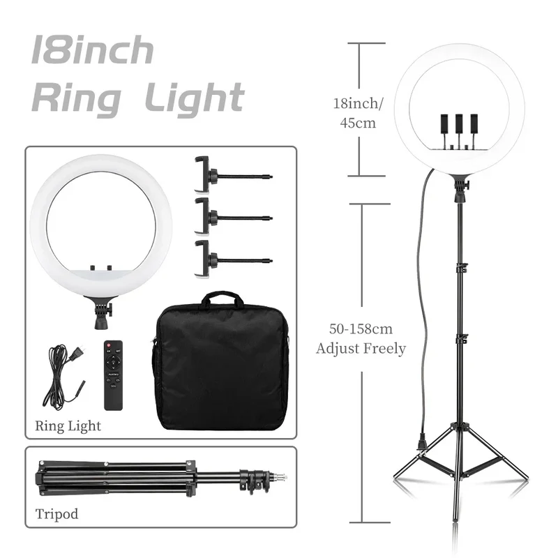 SH 18 Inch Knob Ring Light LED Selfie Video Lamp With Tripod Stand Phone Clip For YouTube Live Lighting Photo Photography Studio