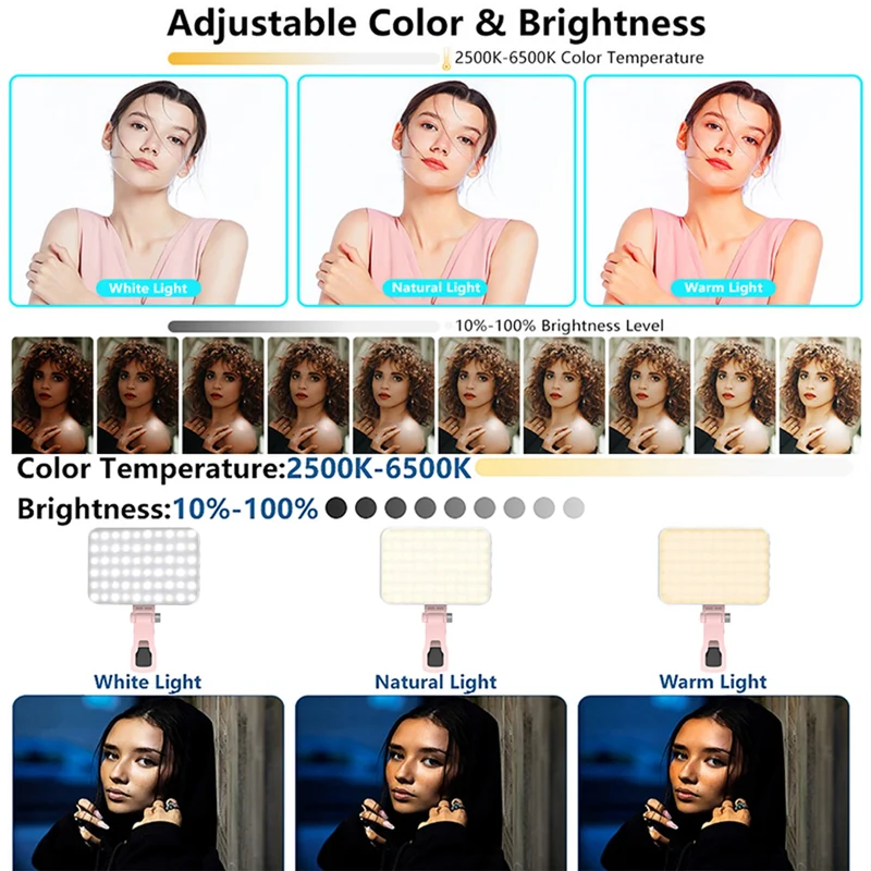 LED Selfie Light 60 High Power Rechargeable Clip Fill Video Light for Phone iPad with Front & Back Clip Adjusted 3 Light Modes