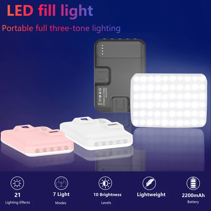 LED Selfie Light 60 High Power Rechargeable Clip Fill Video Light for Phone iPad with Front & Back Clip Adjusted 3 Light Modes