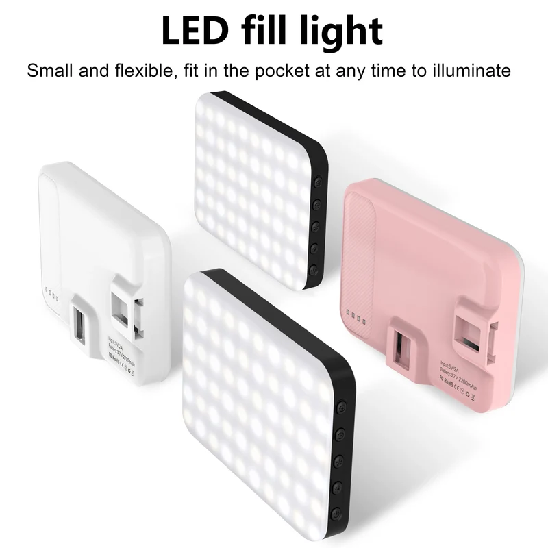 LED Selfie Light 60 High Power Rechargeable Clip Fill Video Light for Phone iPad with Front & Back Clip Adjusted 3 Light Modes