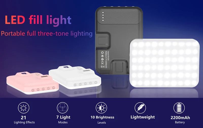 LED Selfie Light 60 High Power Rechargeable Clip Fill Video Light for Phone iPad with Front & Back Clip Adjusted 3 Light Modes