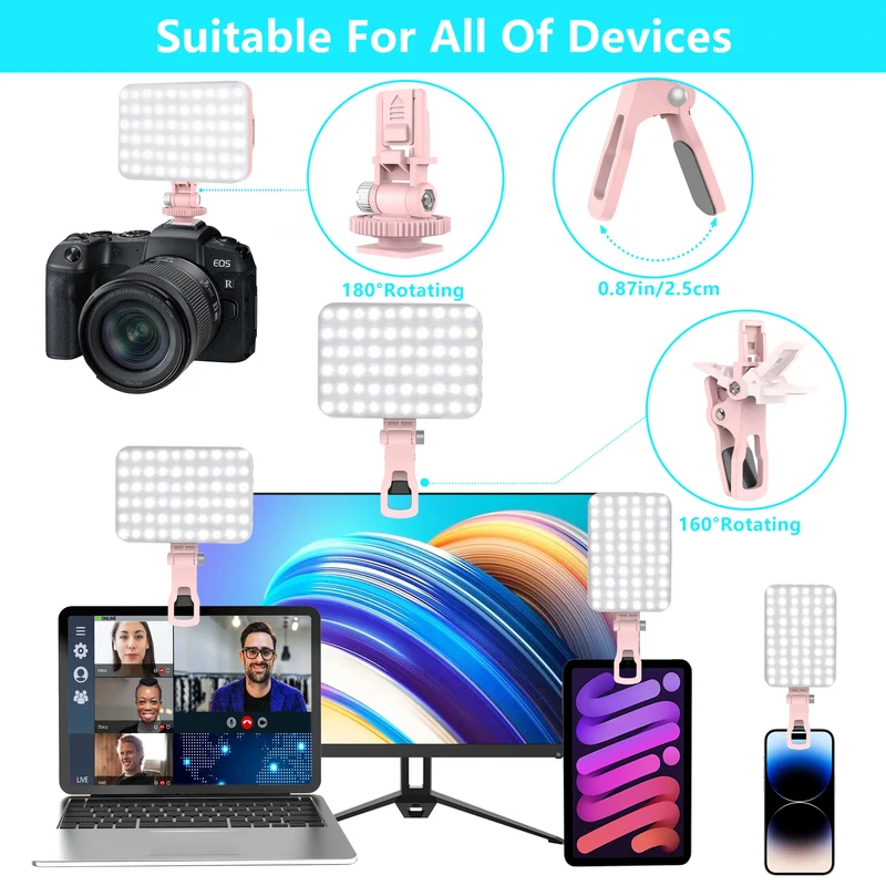 LED Selfie Light 60 High Power Rechargeable Clip Fill Video Light for Phone iPad with Front & Back Clip Adjusted 3 Light Modes
