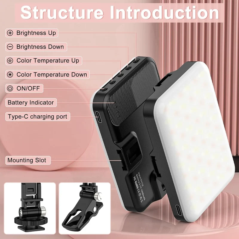 LED Selfie Light 60 High Power Rechargeable Clip Fill Video Light for Phone iPad with Front & Back Clip Adjusted 3 Light Modes
