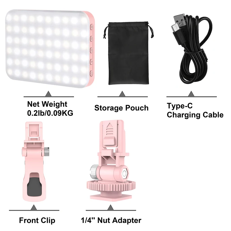 LED Selfie Light 60 High Power Rechargeable Clip Fill Video Light for Phone iPad with Front & Back Clip Adjusted 3 Light Modes