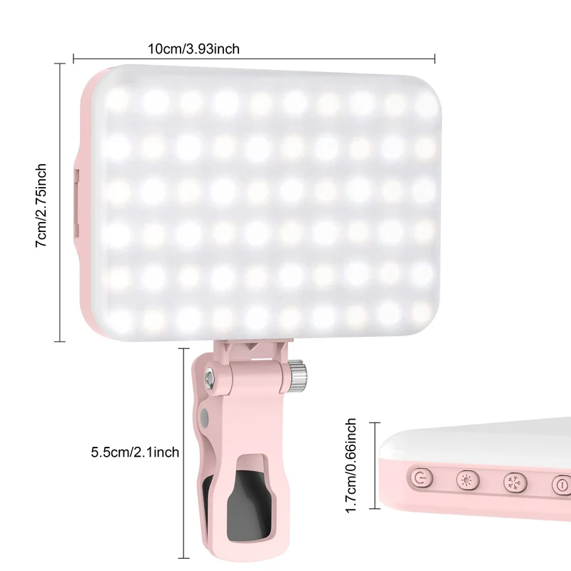 LED Selfie Light 60 High Power Rechargeable Clip Fill Video Light for Phone iPad with Front & Back Clip Adjusted 3 Light Modes