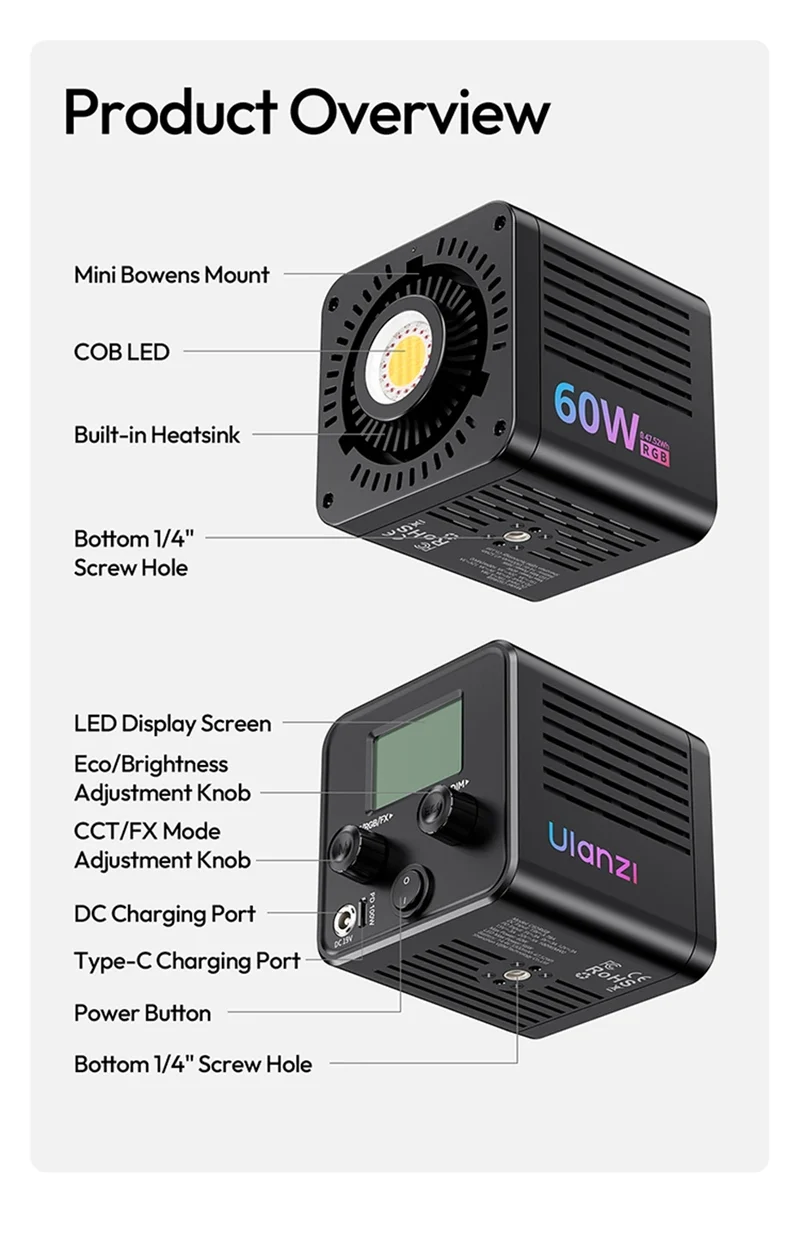 Ulanzi C60 60W RGB COB Light 2500-6500K Bi-Color Video Light For Photography Studio Shooting Outdoor Camping Lighting Vlog