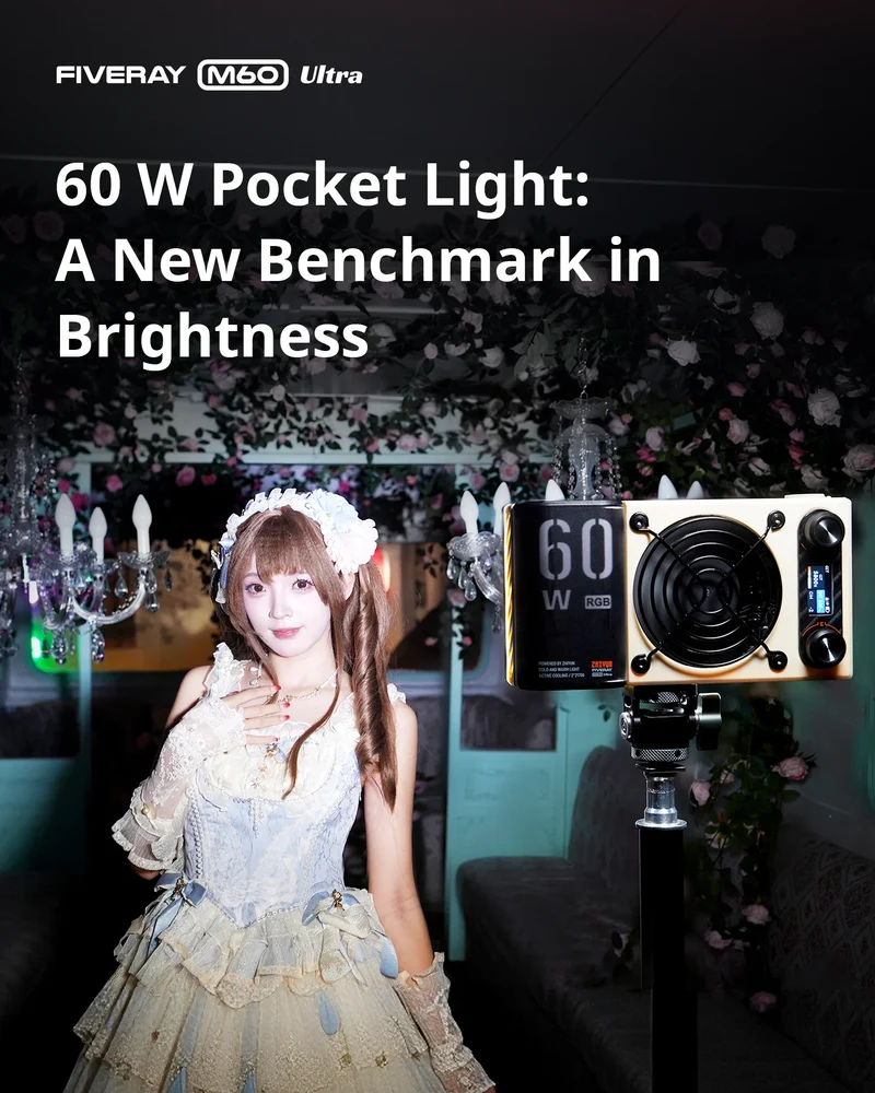 ZHIYUN FIVERAY M60 Ultra 60W RGB COB Pocket Light, High CRI ≥95, Full-Color 2500‑10000K, 4500mAh Battery, APP Control for Vlog