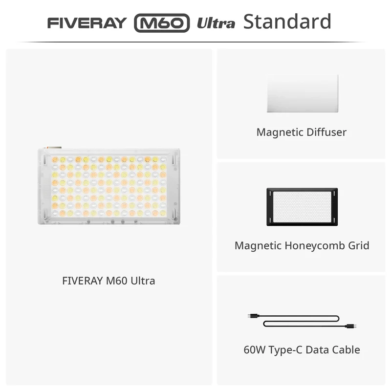 ZHIYUN FIVERAY M60 Ultra 60W RGB COB Pocket Light, High CRI ≥95, Full-Color 2500‑10000K, 4500mAh Battery, APP Control for Vlog