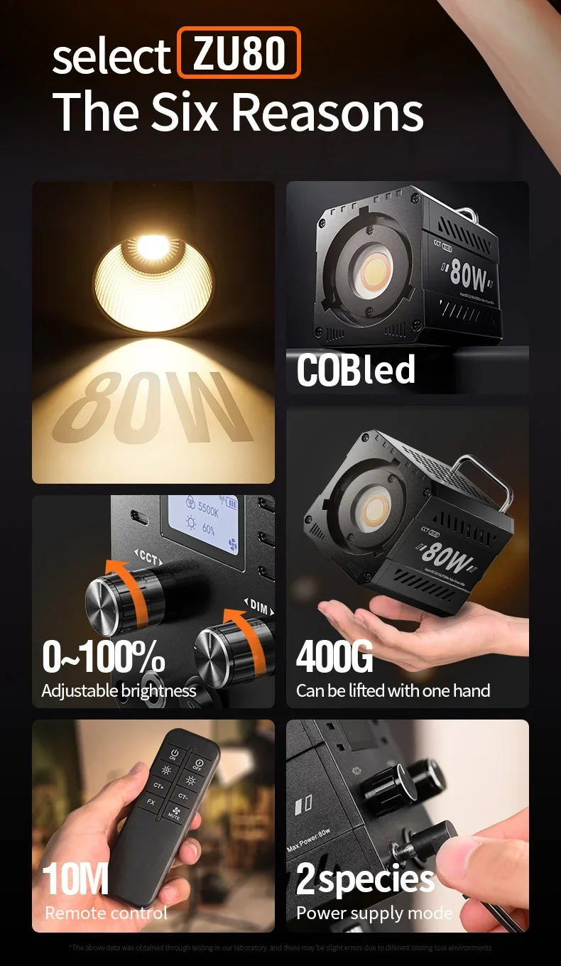 ZU80 COB camera light 80W LED fill light 2500K~6500K dual-color mini Bowens portable outdoor live lighting CRI≥96 TLCI≥97