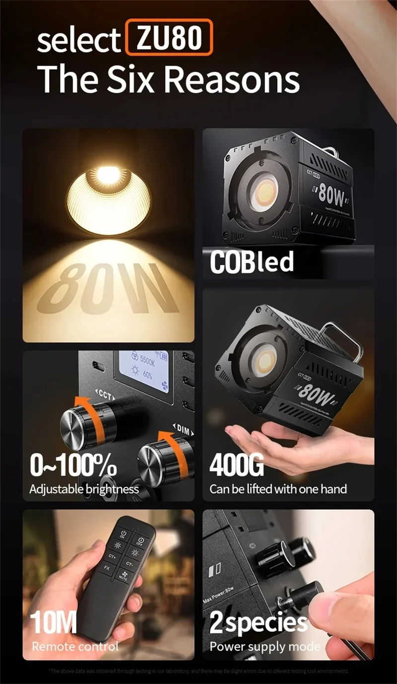 ZU80 COB Photo Studio Light Bi-Color 2500K-8500K LED Video Light CRI95+ TLCI97+ Photography Fill Lighting with Diffuser