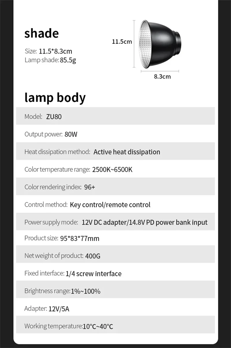 Roreta ZU80/ZU60 Photo Studio Light COB Bi-Color 2500-8500K CRI≥95 TLCI≥97 With Diffuser LED Video Lights Fill Lighting
