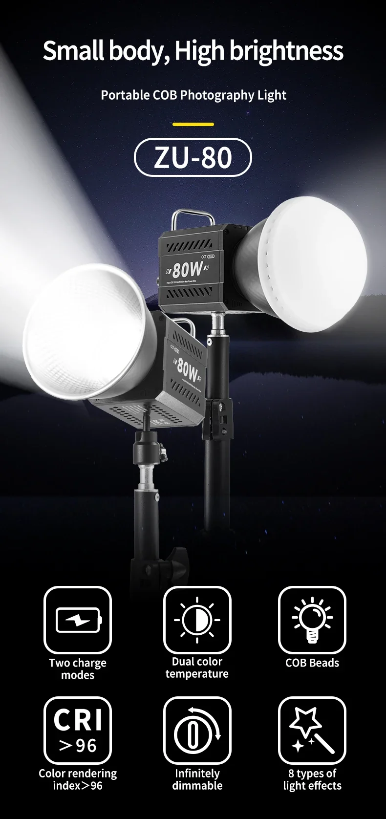 MIAOTU ZU-80 MINI Photography Light LED Live COB Fill light 2700-7500K Professional Video Portable Lampshade Mini Bowens Mount