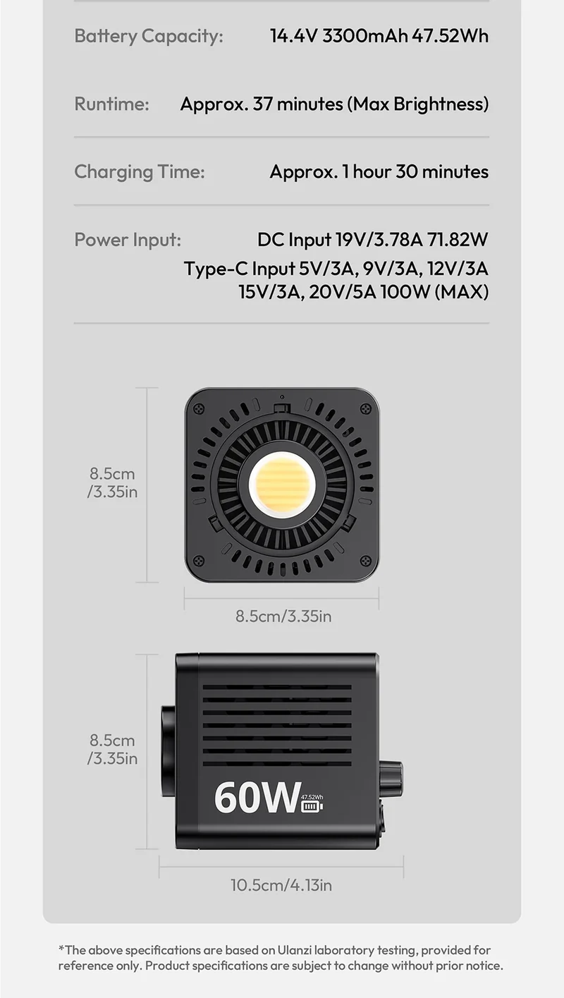 Ulanzi C60 60W COB Video Light Bi-Color Led Light 2500-6500K 3300mAh Mini Bowens Mount for Photography Studio Lighting Live Vlog