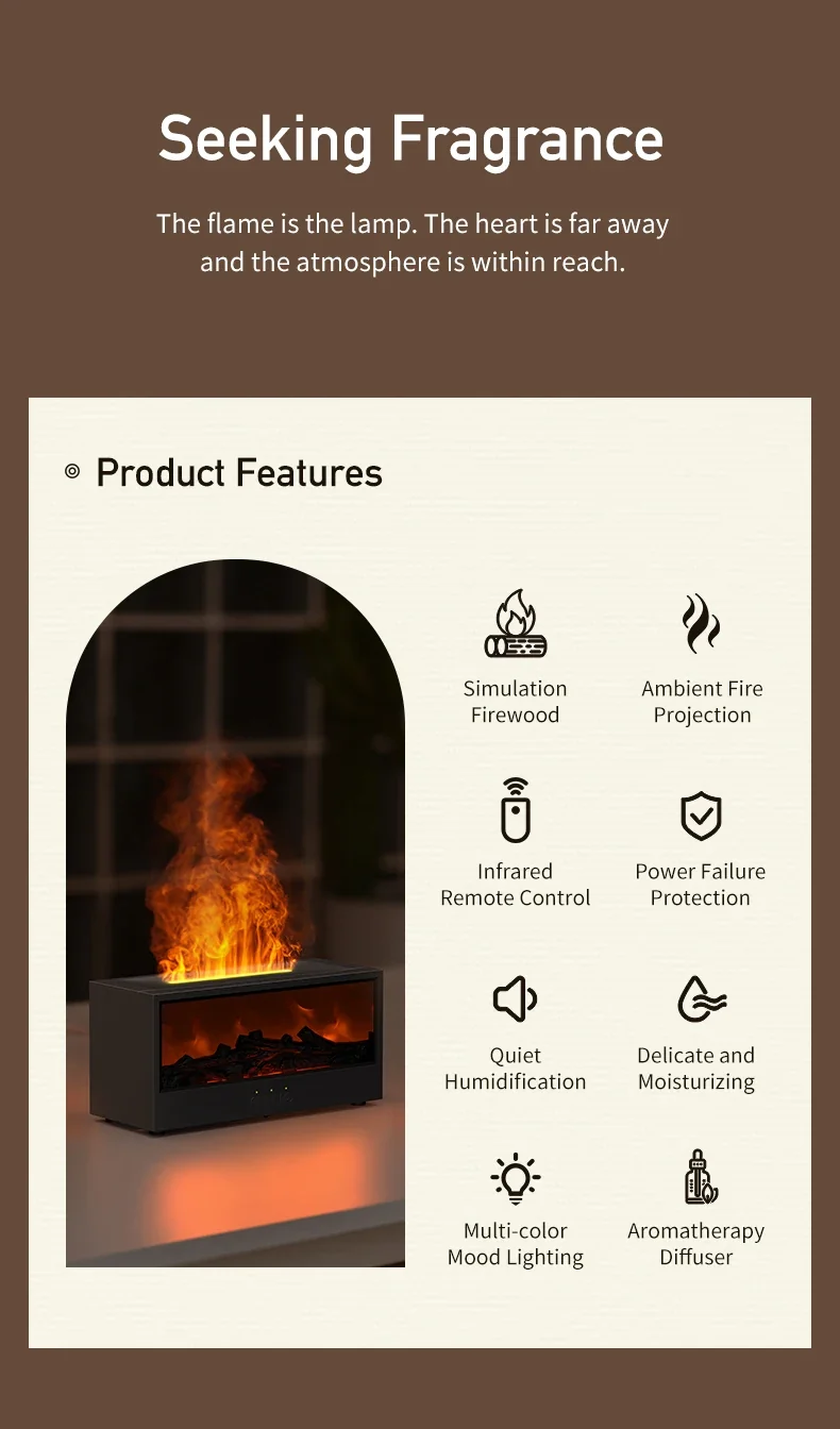VISSKO Creative Fireplace Air Humidifier Waterless Auto-Off Aroma Essential Oil Diffuser with LED Light Remote Control for Gift