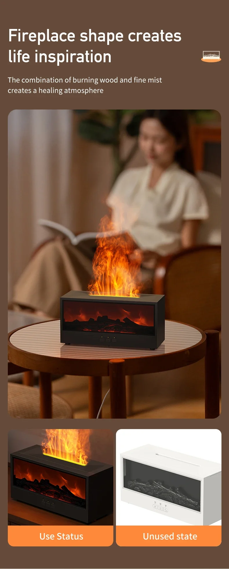 VISSKO Creative Fireplace Air Humidifier Waterless Auto-Off Aroma Essential Oil Diffuser with LED Light Remote Control for Gift