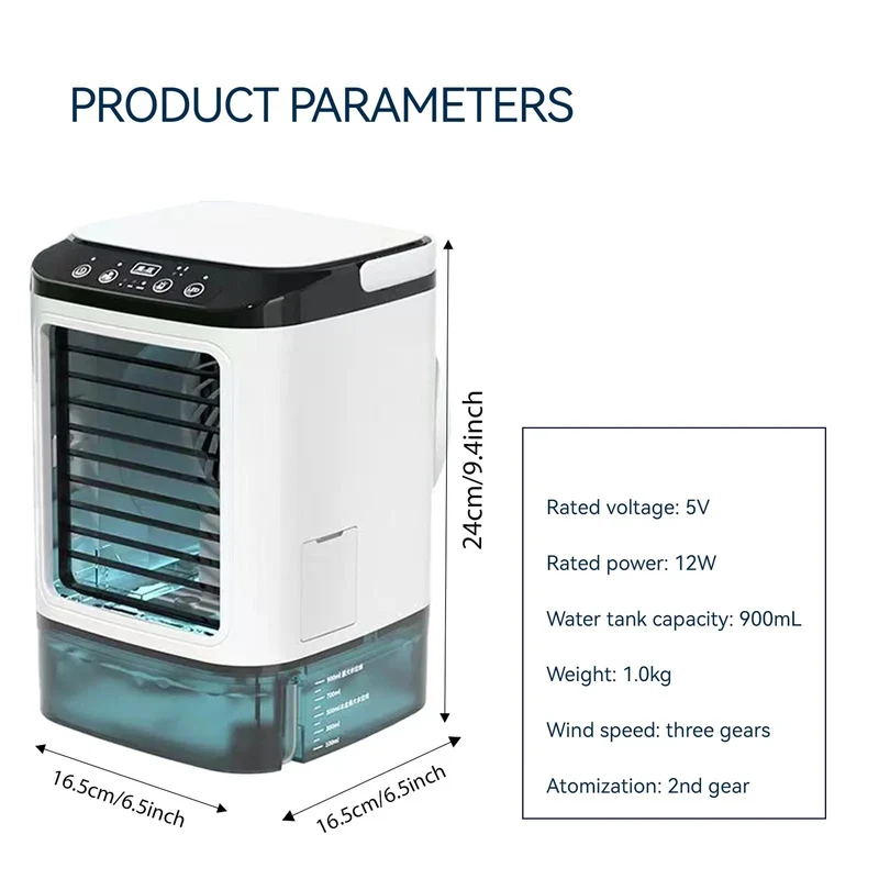Portable Air Conditioner 3-Speed Small AC Unit Mini Air Cooler 900ML Water Tank Electric Fan With Humidifier for Bedroom Office