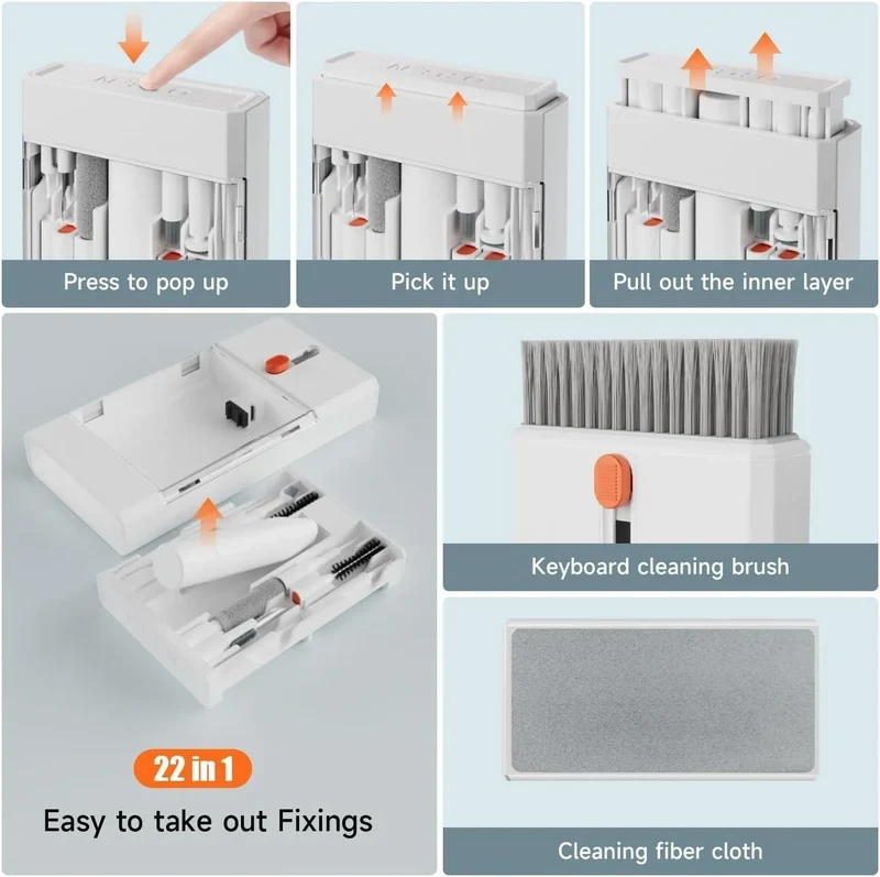 All-in-One Multi-Tool Cleaning Kit for iPhone, AirPods, Android, Earbuds, Keyboard, USB-C Port Dust Removal, with Soft Brushes,